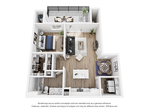 A 3D floor plan of a house with a kitchen, living room, and two bedrooms.